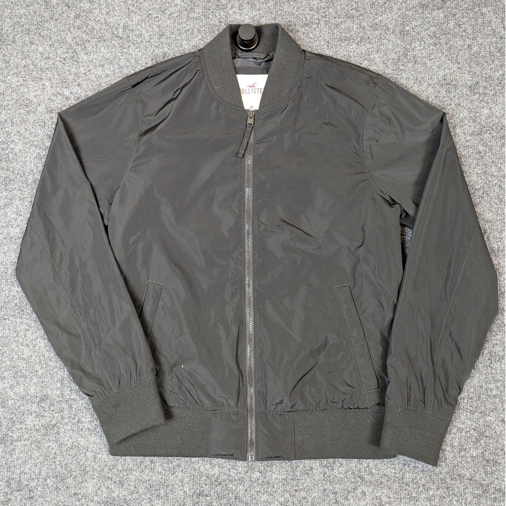 Hollister Mens Medium Bomber Jacket Black Full Zip Up Lightweight Ribbed Trim